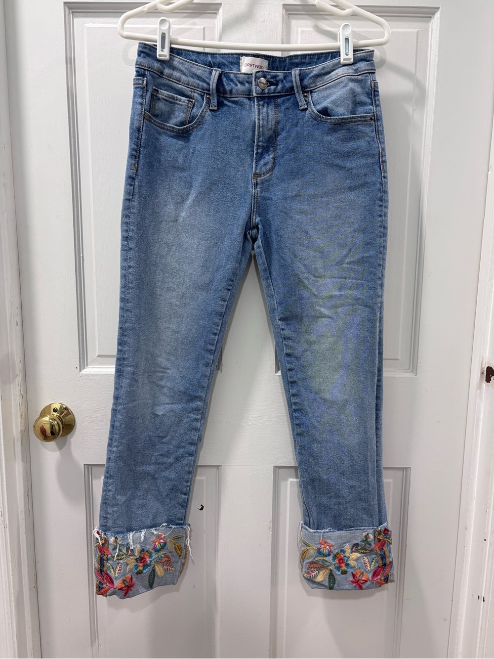 DRIFTWOOD Light Blue Cropped Jeans with Embroidered Cuffs